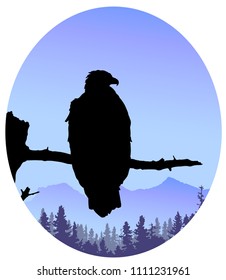 Eagle perched on the branch of a dead tree silhouetted against background of mountains, evergreen trees, and sky, a vector illustration.