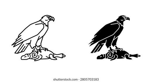 Eagle perched on prey vector graphic set with wildlife predator silhouette isolated illustration standing strength creature majestic feathers