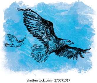 Eagle and pigeon fly against the blue sky. Hand Drawn Vector Illustration