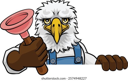 An eagle plumber cartoon mascot holding a toilet or sink plunger peeking round a sign