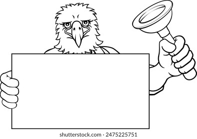 An eagle plumber handyman plumbing construction cartoon mascot man holding a drain plunger tool.