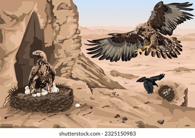 An eagle protects its young in a nest high up in the shadow of a mountainous rock.  Below a big, black bird snatches a nestling from an unprotected nest.  Biblical image illustrating  Psalm 91:1.