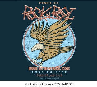 Eagle rebel rock tour graphic print design. Make some noise rock and roll artwork design. Power of music.