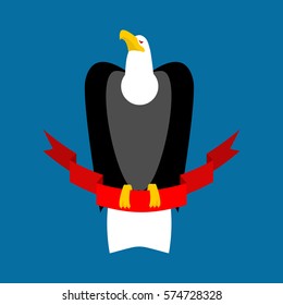 Eagle and red ribbon. Big black bird emblem