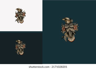 eagle and red rose flower vector illustration design