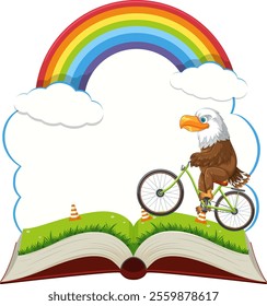 Eagle rides a bike on an open book