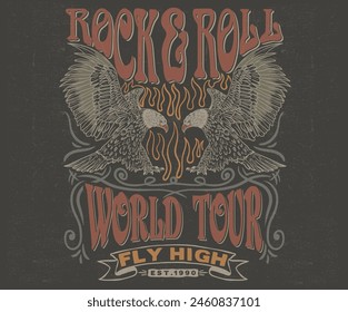 Eagle rock and roll. Rock and roll vector t-shirt design. Live forever. Music world tour artwork. Wild and free. Music slogan logo design. Bird vintage design.