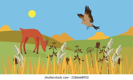 Eagle and roe deer, steppe animals