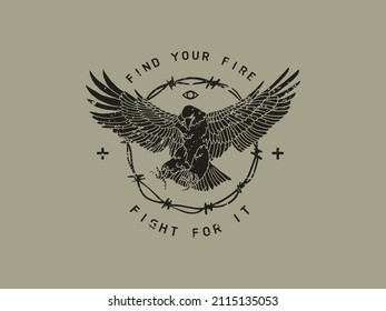 Eagle   Rose flowers  Find your fire quote  Typography graphic print  fashion drawing for t shirt 