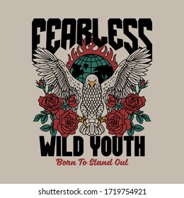 Eagle with Rose Illustration and Wild Youth Slogan Artwork For Apparel and Other Uses