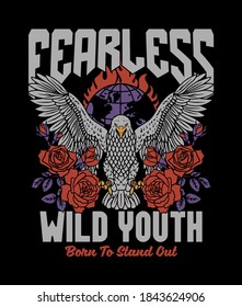 Eagle with Rose Illustration and Wild Youth Slogan Artwork on Black Background For Apparel and Other Uses