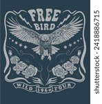 eagle with rose vector art, eagle flying illustration, one color vintage typography artwork for t shirt, sticker, embroidery, graphic print, free bird lettering