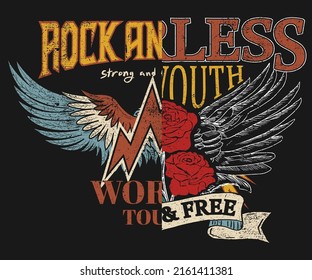 Eagle and rose vector print design for t shirt and others. Rock and roll graphic print design for apparel, stickers, posters, background . 