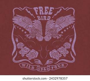 eagle and rose vintage vector design, free bird typography, retro vintage artwork for t shirt for sticker, poster, graphic print, eagle design for apparel 