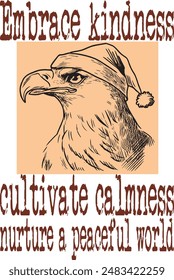 eagle and Santa hat (Embrace kindness, cultivate calmness, nurture a peaceful world) art for print on demand (t shirt design).
