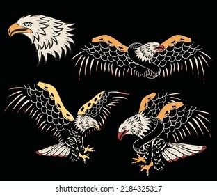 Eagle set vintage vector t shirt design. Rock and roll with wing logo artwork for apparel and others. Bird set.