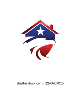 Eagle in Shield house logo design Vector. Red Blue eagle symbol, emblem. American Eagle logo design vector Illustration. Black Silhouette Phoenix icon template design Concept.