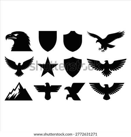 Eagle and shield icons set with star and mountain silhouettes symbolizing strength, protection, patriotism, and aspiration
