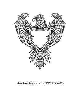 Eagle with shield isolated on white background. Design element for emblem, badge. Vector illustration.