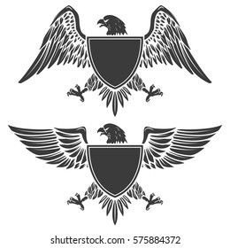 Eagle with shield isolated on white background. Design element for emblem, badge. Vector illustration. 