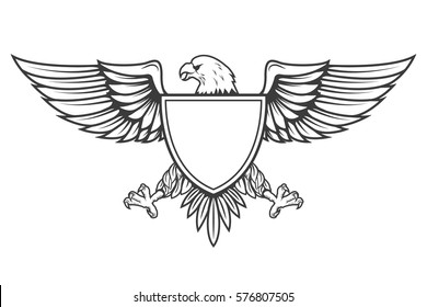 Eagle With Shield Isolated On White Background. Design Element For Emblem, Badge. Vector Illustration. 