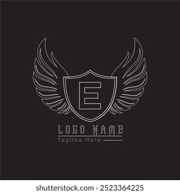 Eagle shield letter logo with wings in white color with black background.