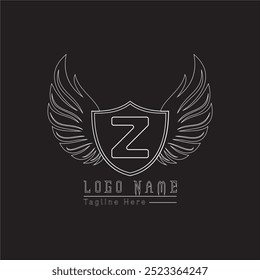Eagle shield letter logo with wings in white color with black background.