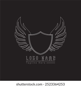 Eagle shield letter logo with wings in white color with black background.