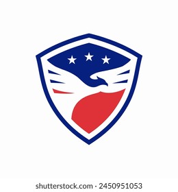 eagle shield logo American flag. Eagle wing flight. Hawk shield wings icon. Flying bird emblem. Vector illustration.