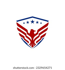 Eagle and shield logo design. Bird, falcon or hawk head badge emblem vector icon