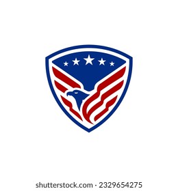Eagle and shield logo design. Bird, falcon or hawk head badge emblem vector icon