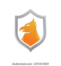 Eagle and shield logo design. Bird, falcon or hawk head badge emblem vector icon.