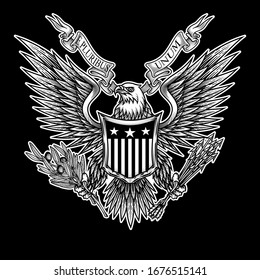 Eagle with shield and ribbon. Vector illustration of bald eagle with shield, arrows and olive branch in engraving technique. Isolated on black.