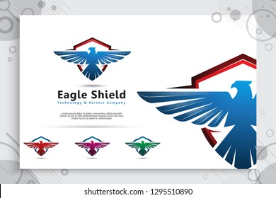 Eagle shield vector logo designs with modern style for technology company, Bird shield illustration for cyber security and software digital template.