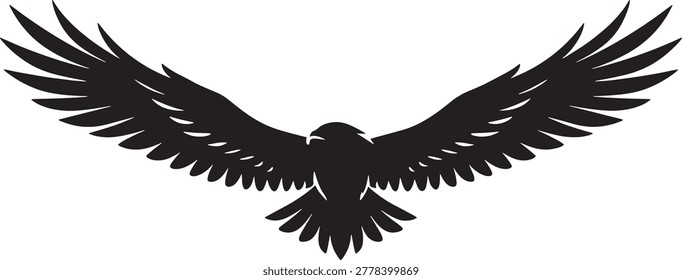 Eagle silhouette graphic, spread wings, predatory bird, symbol of freedom, power, strength, black graphic, transparency.