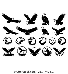 Eagle Silhouette and Logo Collection with Flying Eagles, Bird Emblems and Wildlife Badge Vector Set