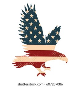 Eagle silhouette on the usa flag background. Design element for poster, postcard. Vector illustration.