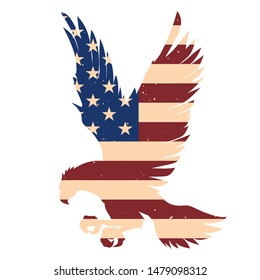 Eagle silhouette with usa flag background. Design element for poster, emblem, sign, logo, label. Vector illustration