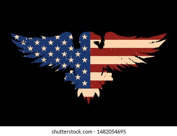 Eagle silhouette with usa flag background. Design element for poster, emblem, sign, logo, label. Vector illustration