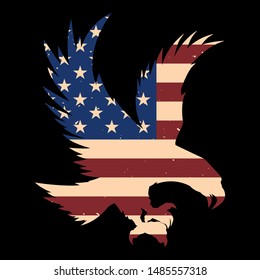 Eagle silhouette with usa flag background. Design element for poster, emblem, sign, logo, label. Vector illustration