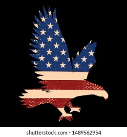 Eagle silhouette with usa flag background. Design element for poster, emblem, sign, logo, label. Vector illustration