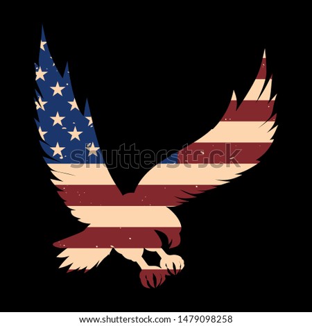 Eagle silhouette with usa flag background. Design element for poster, emblem, sign, logo, label. Vector illustration