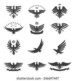 Eagle silhouettes bird heraldic symbols icons black set isolated vector illustration