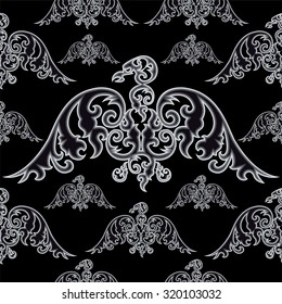 Eagle silhouettes on black background. Seamless pattern. Vector illustration.