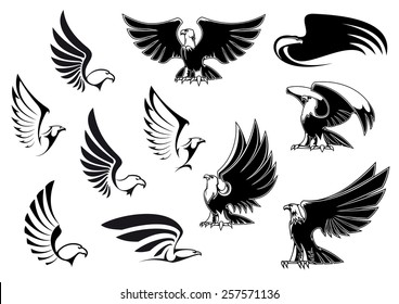 Eagle silhouettes showing flying and standing birds with outstretched wings in outline sketch style for logo, tattoo or heraldic design