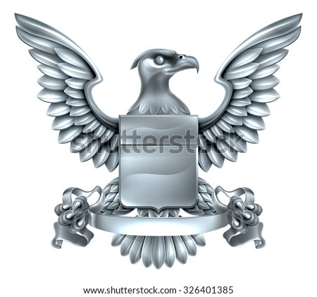 An eagle silver metal shield heraldic heraldry coat of arms design with a banner scroll.