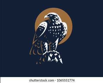 The eagle sits on a rock. Vector emblem.