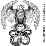 Eagle sitting on the human skull wrapped with snake. Angry dangerous rattlesnake. Black and white Tattoo or shirts design style vector illustration. Front view