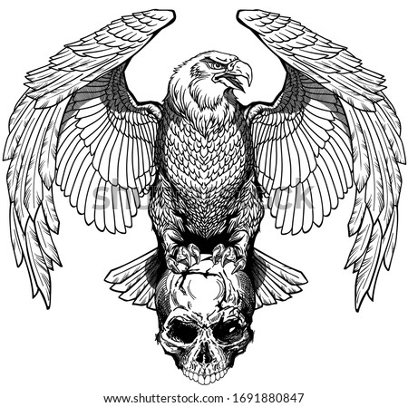 Eagle sitting on the human skull. Black and white Tattoo or shirts design style vector illustration. Front view