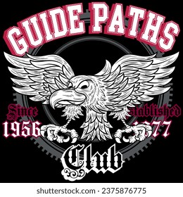 Eagle skull in tattoo style with shield in simulation of embroidery biker design wings and embossed texts.